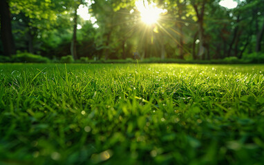 Wall Mural - A bright sunny day in a park with a large green field. The sun is shining brightly on the grass, making it look lush and vibrant. The scene is peaceful and serene