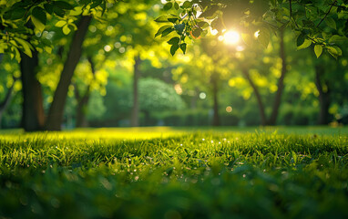Wall Mural - A lush green field with a tree in the background. The sun is shining through the leaves, creating a warm and inviting atmosphere