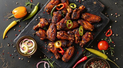 Wall Mural - A black plate filled with succulent chicken wings, topped with sliced peppers, and surrounded by onions and other vegetables