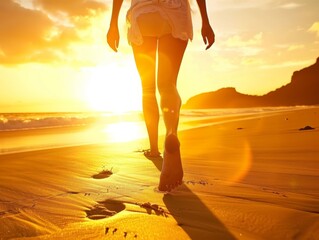 Wall Mural - Beneath the sunset's glow, a woman savors a tranquil beach walk, immersed in the beauty of the moment.