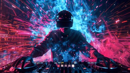 Poster - An abstract representation of a DJ mixing music in a virtual reality world       AI generated illustration