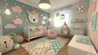 An adorable 3D nursery with pastel walls and cute animal decor       AI generated illustration