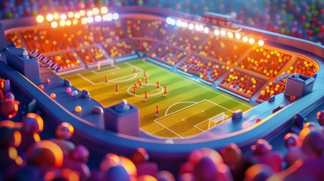 An adorable 3D rendering of a fantasy sports arena populated by lovable spectators       AI generated illustration