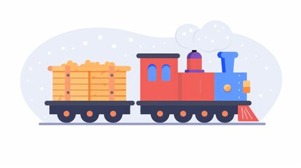 Wall Mural -   A red train with a stack of logs atop its front car, snowfall behind it