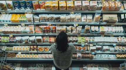 Wall Mural - A woman stands in front of a grocery store filled with a variety of food items, including fruits, vegetables, packaged goods, and beverages