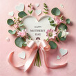 Happy mother's day background with ribbon, pink campanula flowers, eucalyptus leaves under paper cut hearts on a pink backdrop illustration created with generative ai.