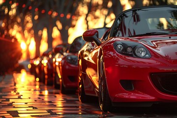 Wall Mural - a row of cars parked at sunset, with a focus on the glossy red car in the foreground