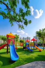 Kids playground with colorful equipment on artificial grass