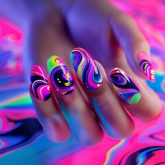 Wall Mural - manicured nails with vibrant psychedelic swirl patterns, neon pink and blue background,