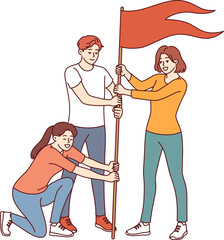 Wall Mural - Team of successful people plants victory flag, symbolizing excellent teamwork and personal growth. Happy man and woman studying at university achieve success through teamwork and collaboration