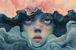Surreal portrait of a woman with blue eyes and pink hair sitting on a fluffy cloud in the sky