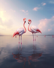 super realistic photo of two pink flamingos standing with their feet in the sea, super delicate light colors сreated with Generative Ai