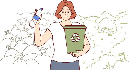 Woman ecologist calls for separate collection garbage and recycling of plastic bottles, holds bucket in hand. Girl ecologist dreams of closing garbage dump and restoring parks with beautiful nature.