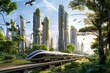 a futuristic cityscape with lush greenery, advanced high-rise buildings with eco-friendly designs