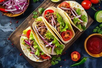 Wall Mural - beef tacos with lettuce and tomato on white tortilla on a wooden board