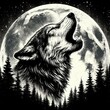 Grunge Illustration: Howling Wolf Standing on Mountains, Under the Full Moon