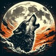 Grunge Illustration: Howling Wolf Standing on Mountains, Under the Full Moon
