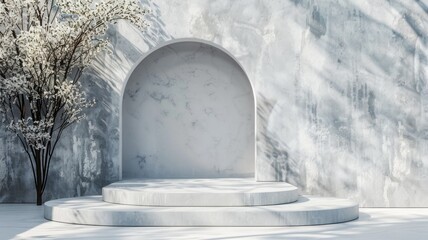 Wall Mural - Modern white stage with arch design in bright room, flanked by flowering trees