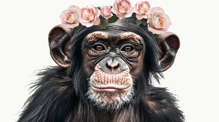 Wall Mural -   A tight shot of a monkey adorned with flowers in its headdress and a floral crown upon its head