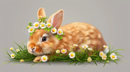 Wall Mural -   A rabbit dons a wreath of daisies, seated among grass and blooming daisies
