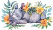   A rhino peacefully reclining with floral head adornment and neck encircled by leaves