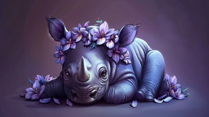 Poster -  rhino sporting purple flowers on head, reclining on its back against a purple background