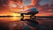 Airplane in the airport at sunset with dramatic sky, travel concept