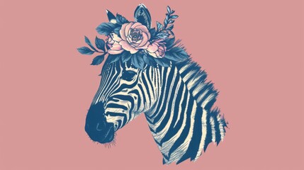 Canvas Print -   A zebra with a flower atop its head is featured in this close-up image The scene behind is dominated by a pink wall