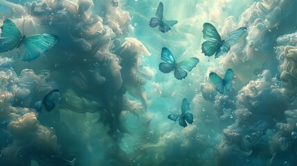 Wall Mural -   A painting of butterflies flying in the sky, amidst clouds and sunbeams