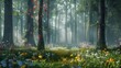 a realistic 8K depiction of a misty forest glade, with delicate woodland flowers carpeting the forest floor beneath towering trees, their vibrant colors contrasting with the muted greens 