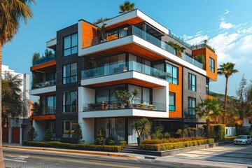 Fototapete - Modern apartment building exterior with glass balconies an large windows with decorative elements.
