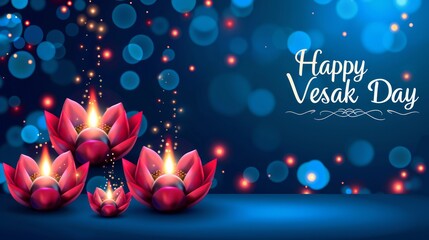 Happy Vesak Day greeting with candlelit lotuses. Festive card or banner for Vesak celebration. Concept of Buddhism, spiritual festivities, religious events, and cultural traditions