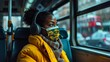 Black woman, covid and mask with headphones in transport for safe traveling, trip or destination during pandemic. African American woman wearing safety mask on public transportation