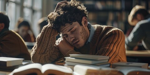 University, exhausted student reading book in class for test or exam. Man with headache, knowledge, scholarship, and library work stressed and burned out.