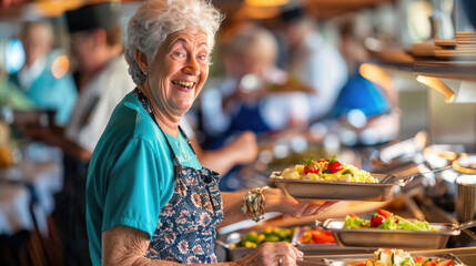 A woman is happily smiling as she serves food at a buffet