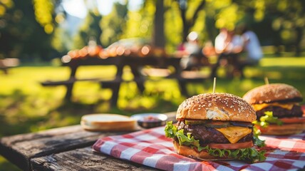 Fresh burger on picnic table with people in background