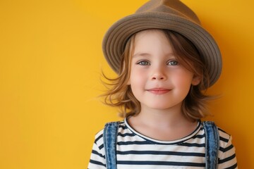 Canvas Print - Stylish caucasian kid boy in hat and striped blouse on yellow background