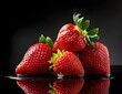 Strawberries with leaves on black background. 3d rendering. Fruits and summer berries illustration