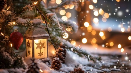 Canvas Print - lantern under the Christmas tree in snow.