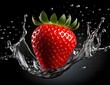 Red strawberry splashing in water isolated on black background. 3d rendering. Fruits and summer berries illustration