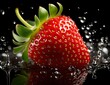 Fresh strawberry with water splash on black background. Close up shot. Fruits and summer berries illustration