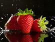 Fresh strawberries in water splash on black background. Fruits and summer berries illustration