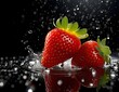 Fresh strawberries falling into water on a black background. Fruits and summer berries illustration