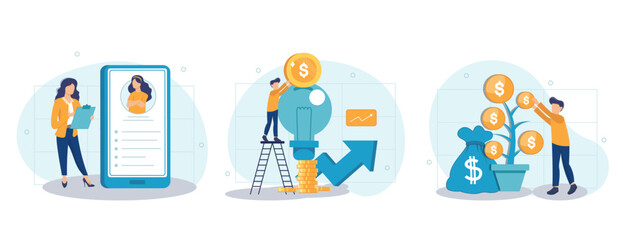 Wall Mural - Tiny business people investing into innovation with high potential, financial literacy. Digital promotion, social media networks advert. Set flat vector modern illustration