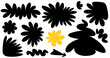 Bold black abstract floral silhouettes with a singular yellow flower stand out, offering a playful contrast and dynamic visual for creative design.