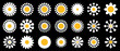 A modern array of sun patterns in black and white, featuring various rays and forms for a stylish, monochromatic design set on a dark background.