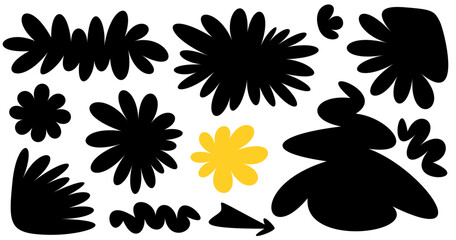 Wall Mural - Bold black abstract floral silhouettes with a singular yellow flower stand out, offering a playful contrast and dynamic visual for creative design.