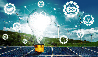 Wall Mural - Green energy innovation light bulb with future industry of power generation icon graphic interface. Concept of sustainability development by alternative energy. uds