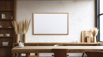 A contemporary workspace features a white empty framed artwork against a backdrop of modernity, with a wooden table nearby featuring a white ceramic vase filled with dried spikelets, fo