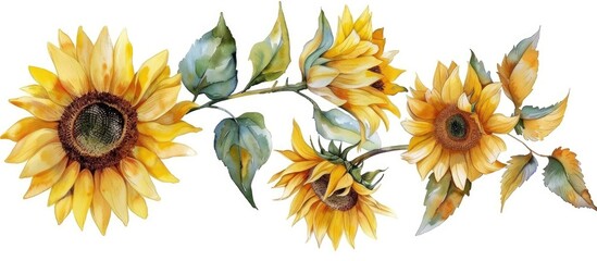 Sticker - Beautiful sunflowers with leaves on a white background